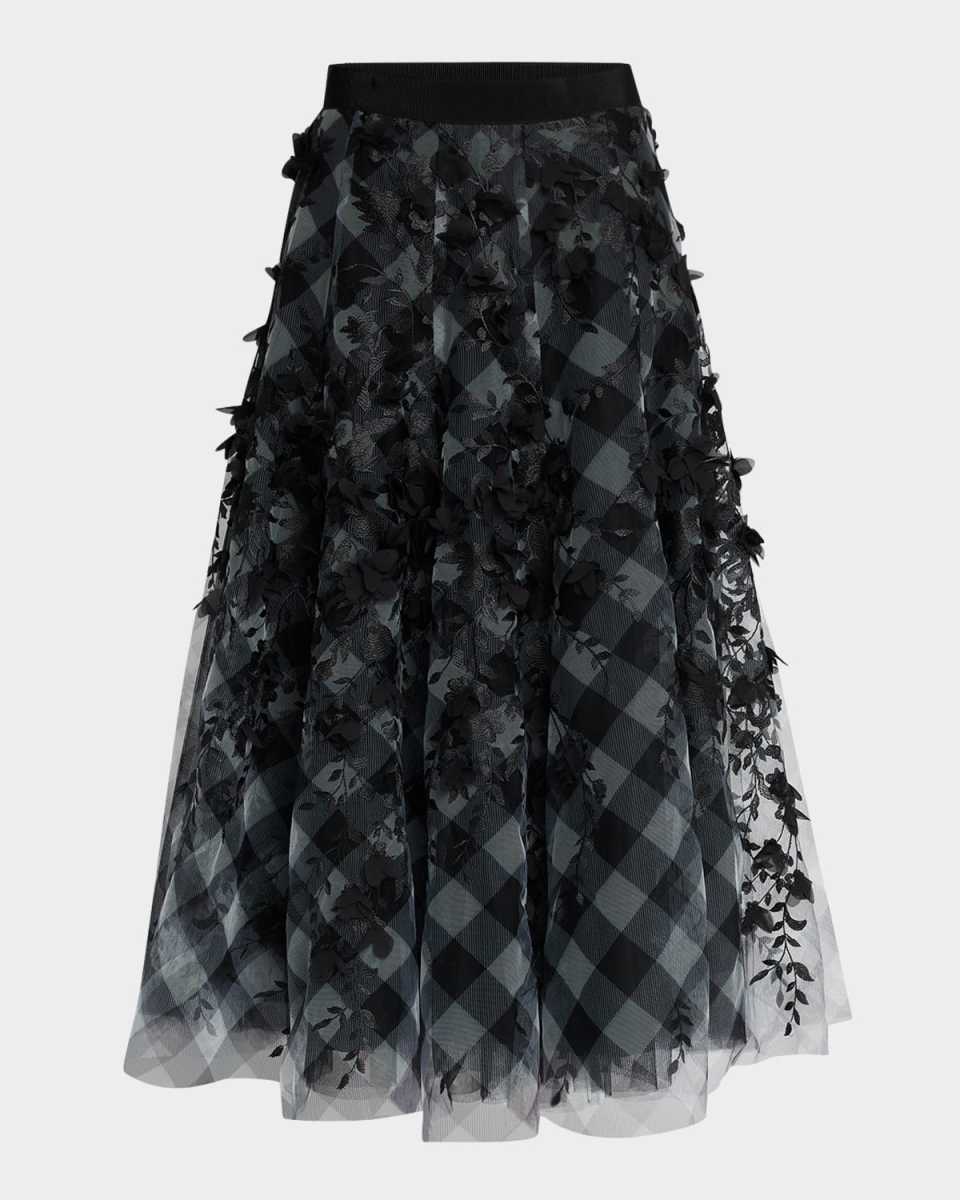 Check Tulle Petal Applique Midi Skirt